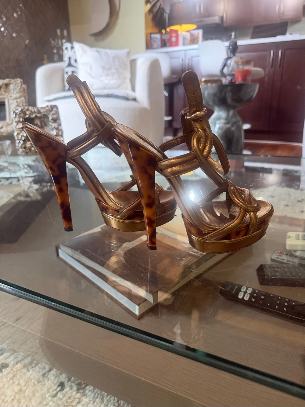 Gucci Metallic Bronze Ankle-Strap Platform Heels
